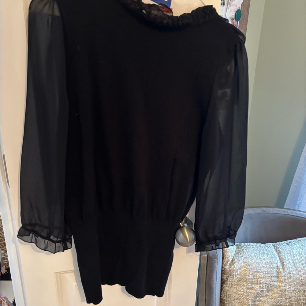 Dress Barn Black Sheer Sleeve Ruffle Neck Blouse